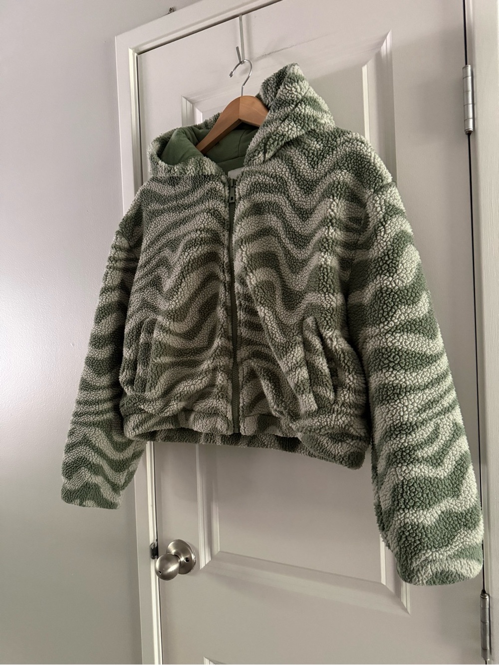 Wild Rose Hooded Plush Zip Jacket - Sage Green & Cream Wave Maximalist Dopamine